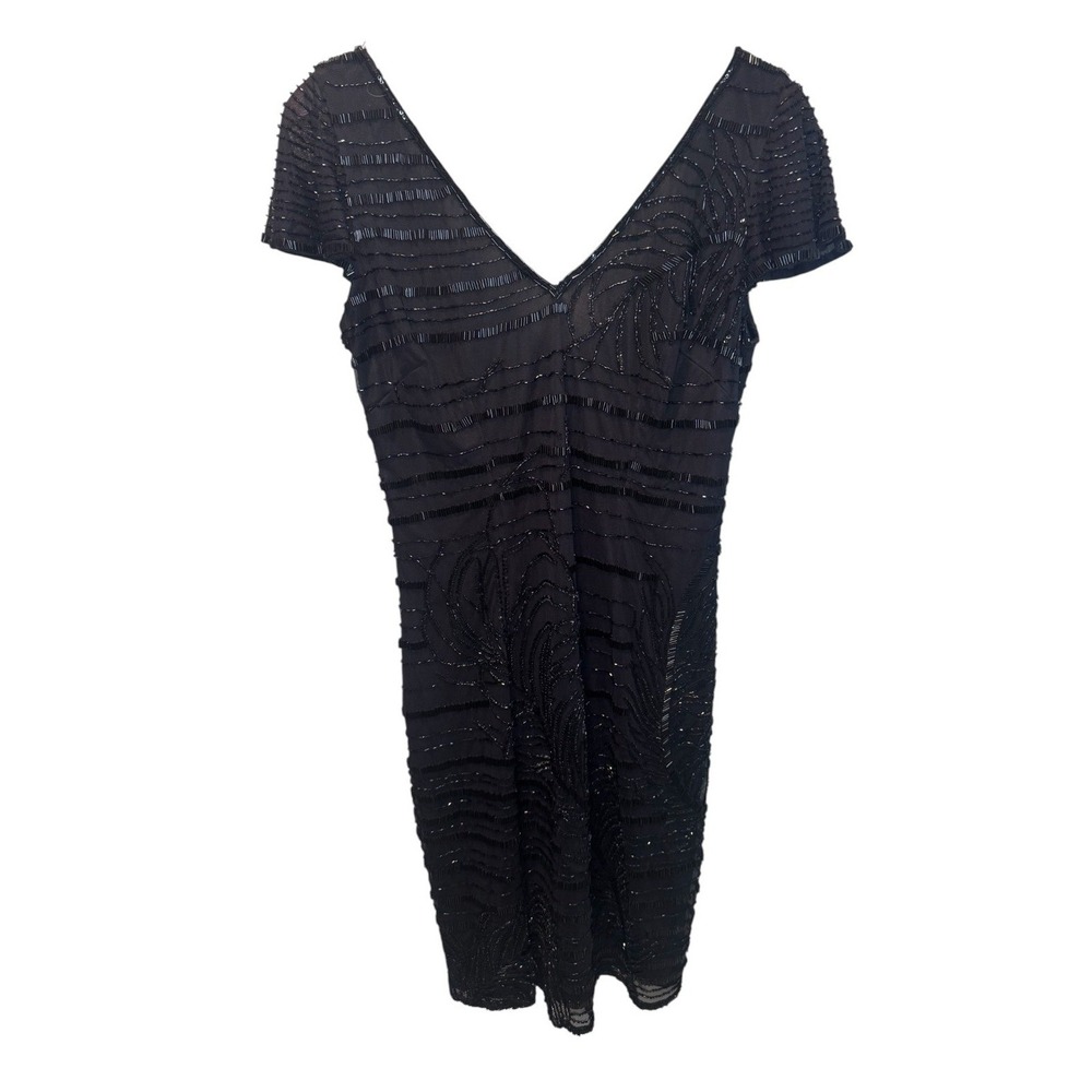 Theia Black Beaded V-Neck Cap Sleeve Mesh Sheath Cocktail Dress Size 10 Party